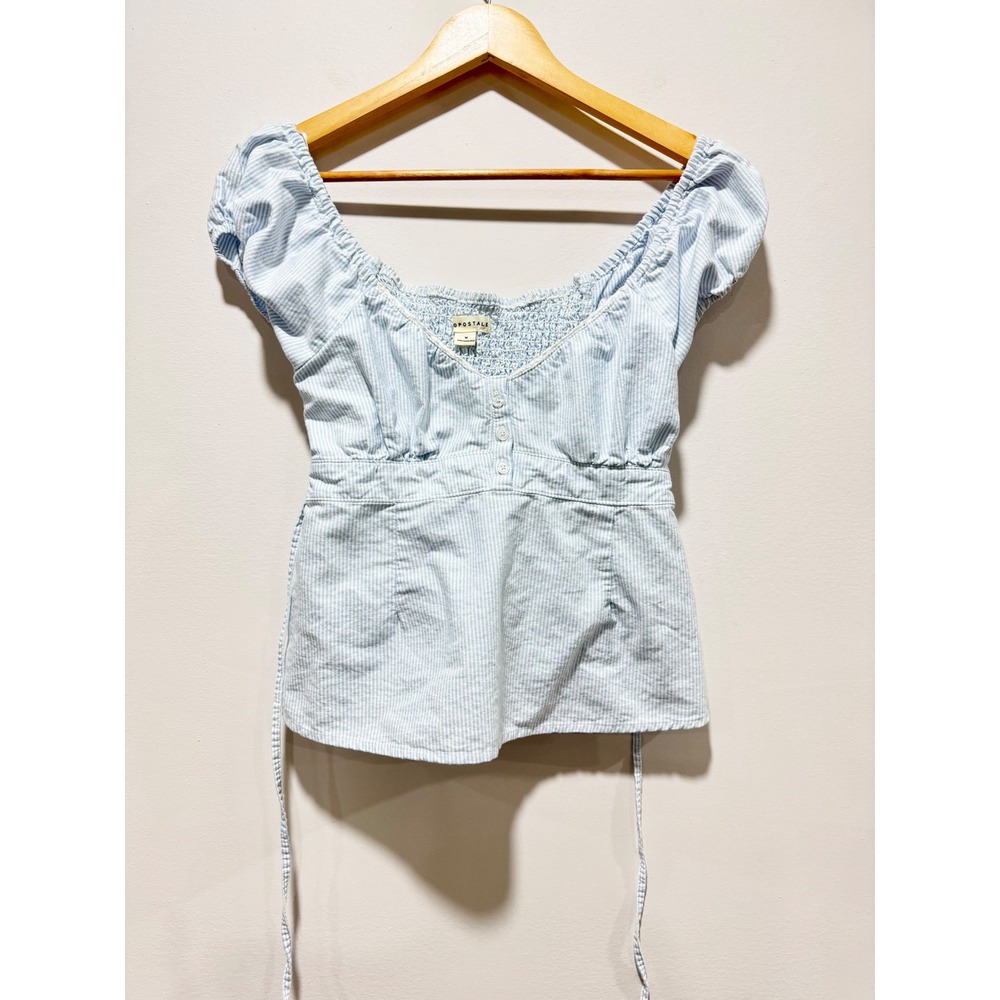 Aeropostale Blue White Seersucker Smocked Peasant Milkmaid Puff Sleeve Top M